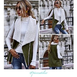 Susina Waterfall Faux Shearling Faux Suede Vest in Olive Tarmac/Ivory, X-Small